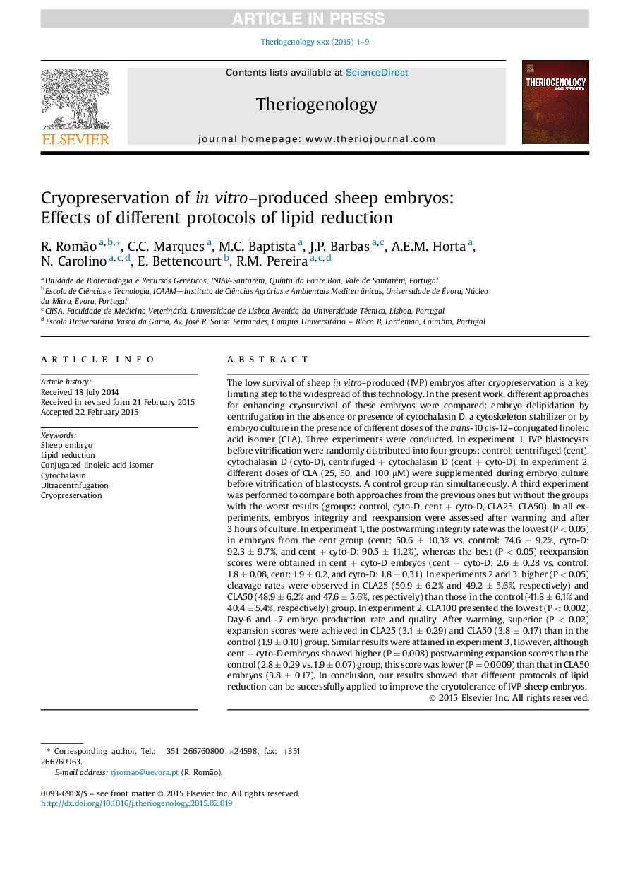 Cryopreservation of inÂ vitro-produced sheep embryos: Effects of different protocols of lipid reduction