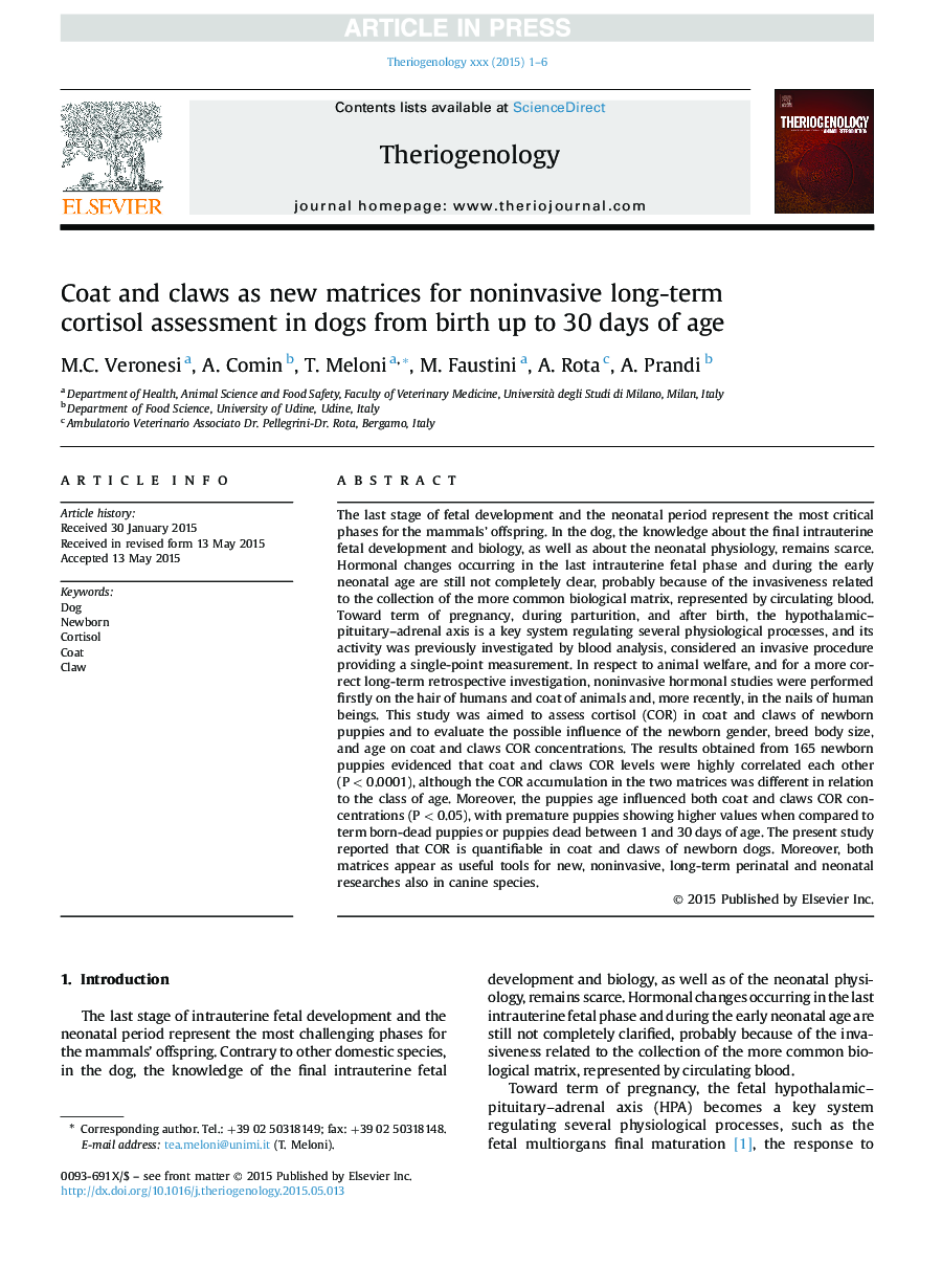 Coat and claws as new matrices for noninvasive long-term cortisol assessment in dogs from birth up to 30Â days of age