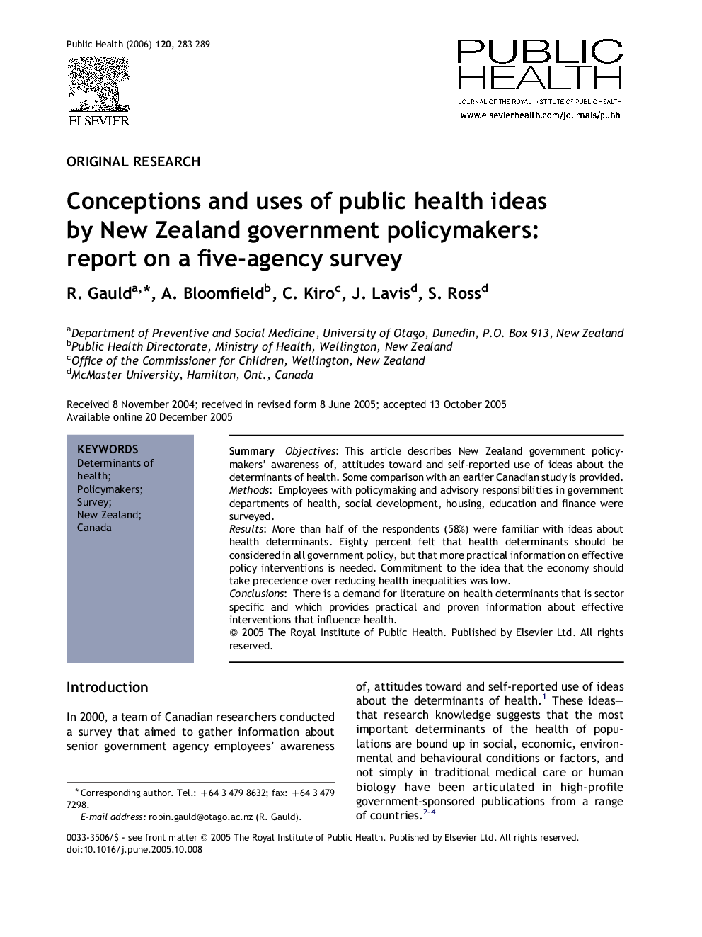 Conceptions and uses of public health ideas by New Zealand government policymakers: report on a five-agency survey