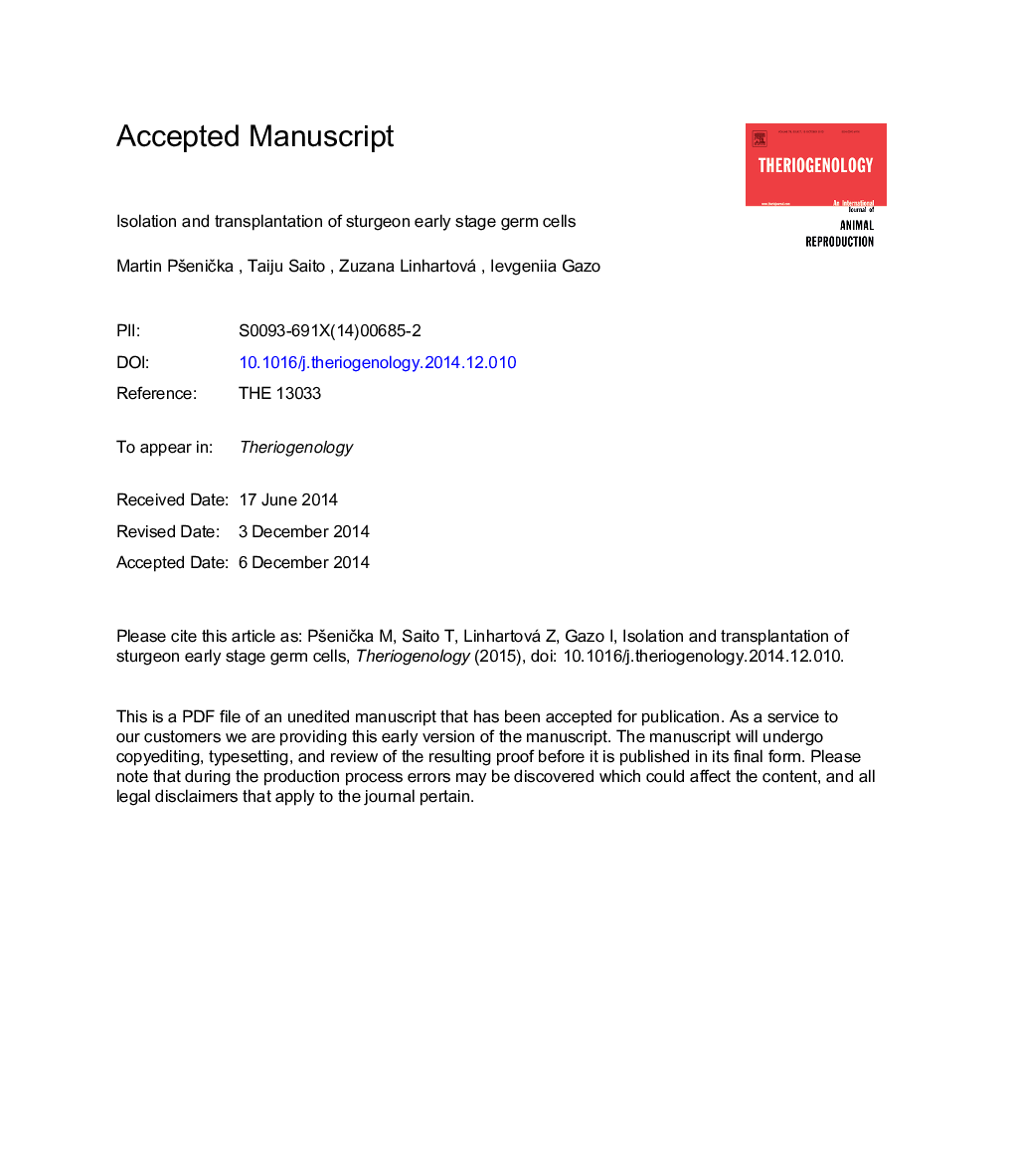 Isolation and transplantation of sturgeon early-stage germ cells