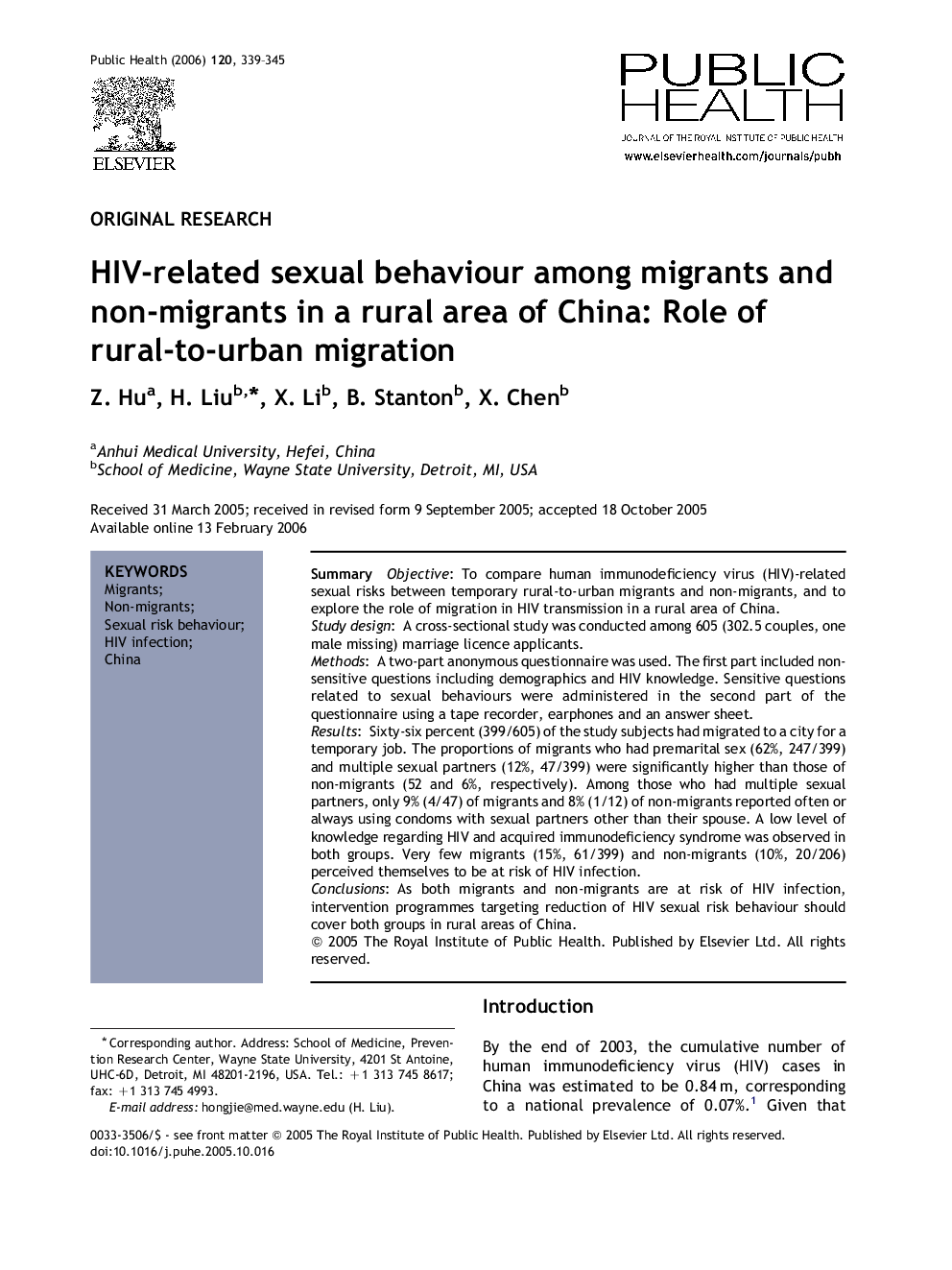 HIV-related sexual behaviour among migrants and non-migrants in a rural area of China: Role of rural-to-urban migration