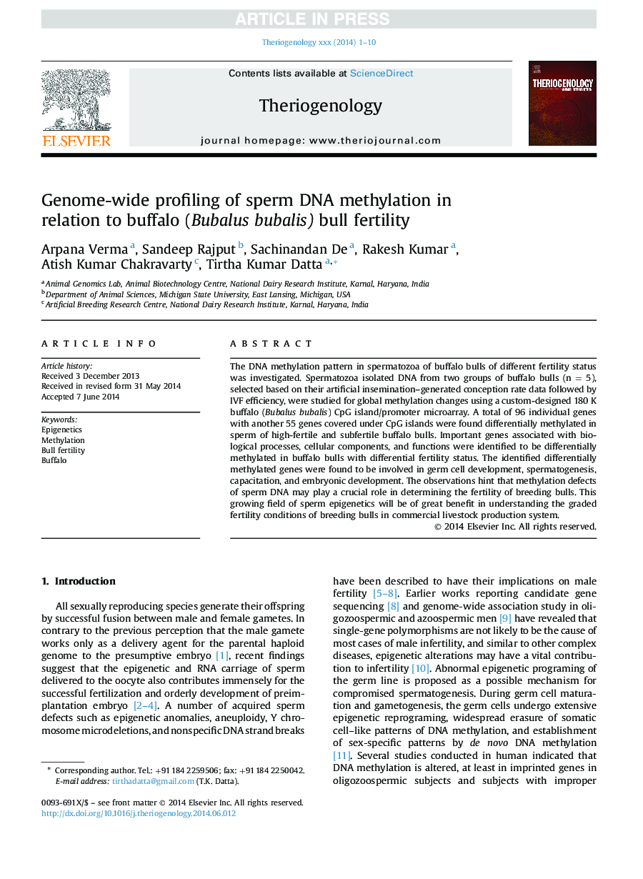 Genome-wide profiling of sperm DNA methylation in relation to buffalo (Bubalus bubalis) bull fertility