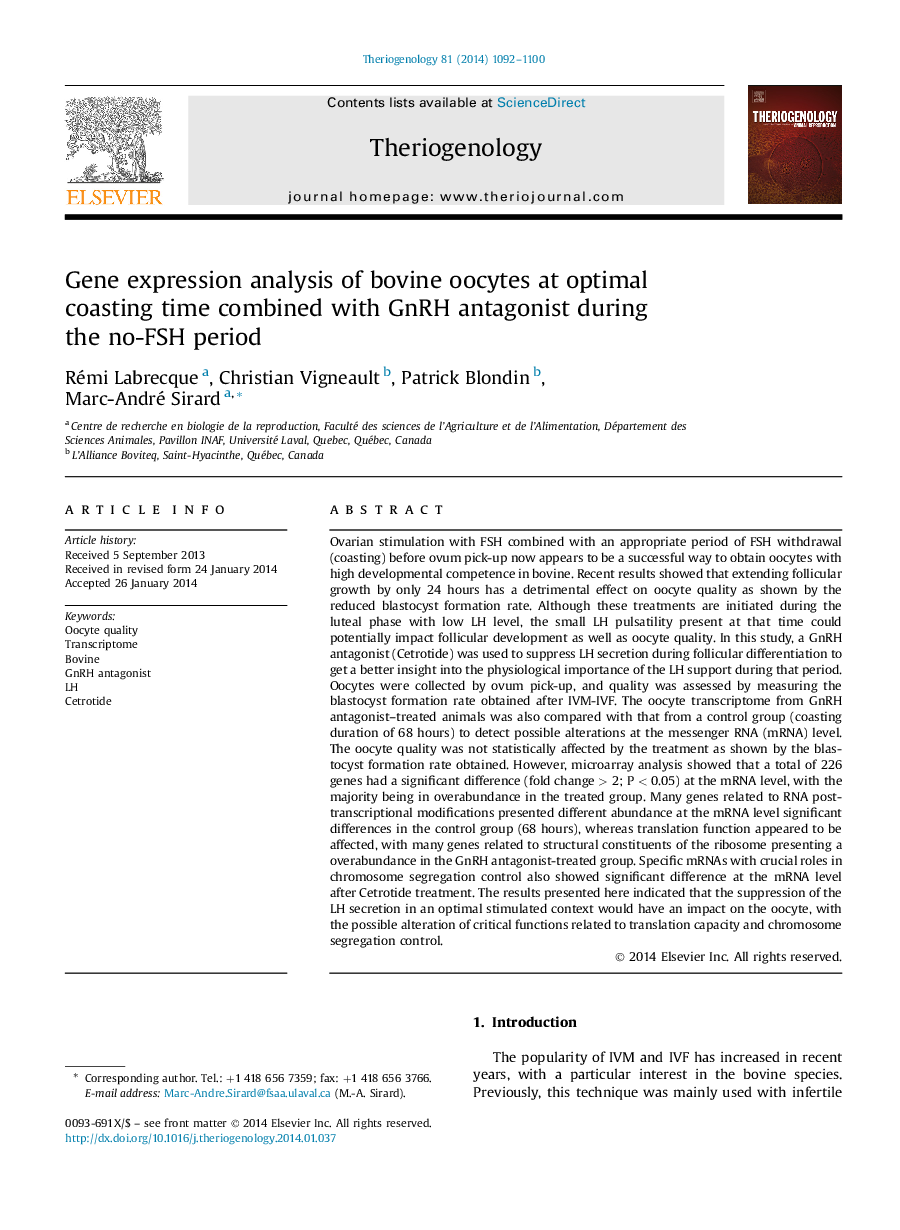 Gene expression analysis of bovine oocytes at optimal coasting time combined with GnRH antagonist during theÂ no-FSH period