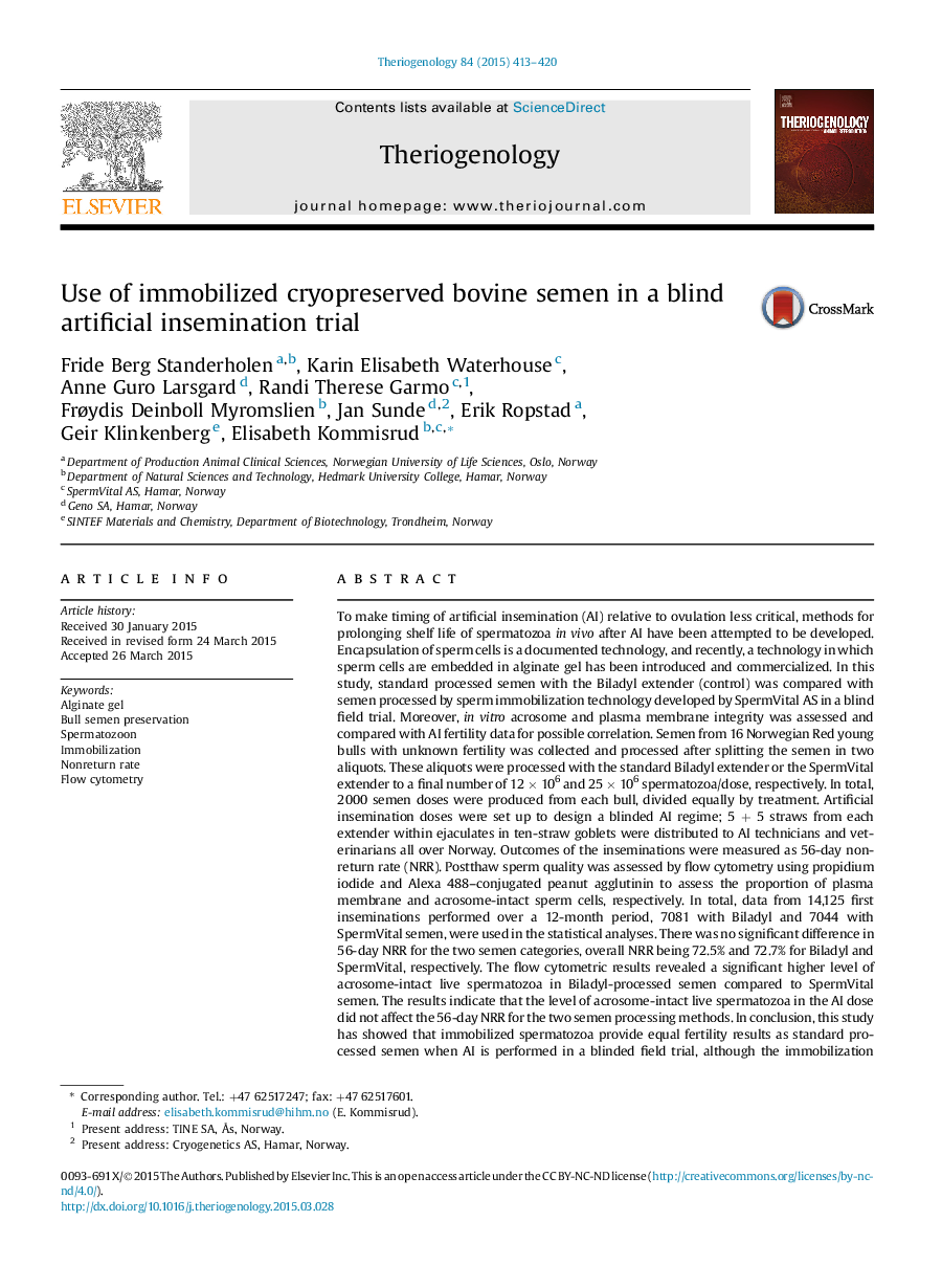 Use of immobilized cryopreserved bovine semen in a blind artificial insemination trial