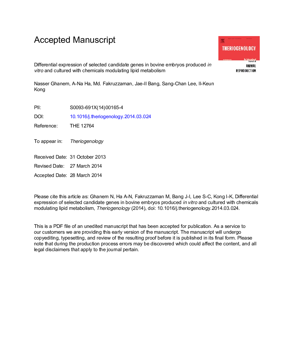 Differential expression of selected candidate genes in bovine embryos produced inÂ vitro and cultured with chemicals modulating lipid metabolism