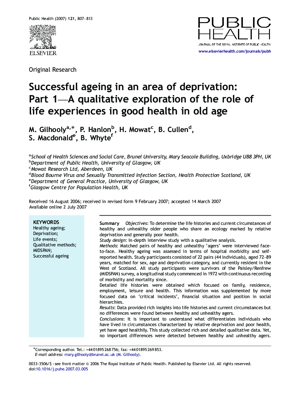 Successful ageing in an area of deprivation: Part 1—A qualitative exploration of the role of life experiences in good health in old age