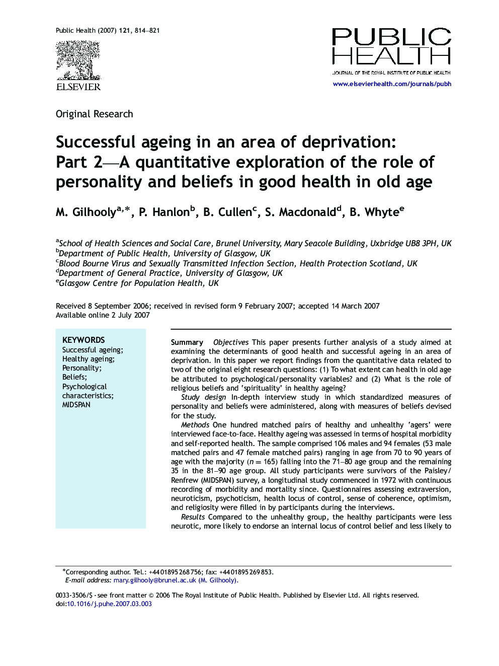 Successful ageing in an area of deprivation: Part 2—A quantitative exploration of the role of personality and beliefs in good health in old age