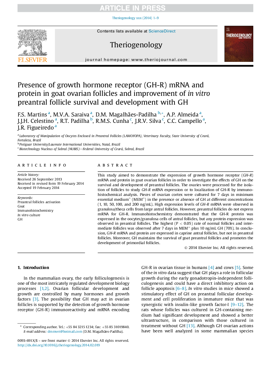 Presence of growth hormone receptor (GH-R) mRNA and protein in goat ovarian follicles and improvement of inÂ vitro preantral follicle survival and development with GH