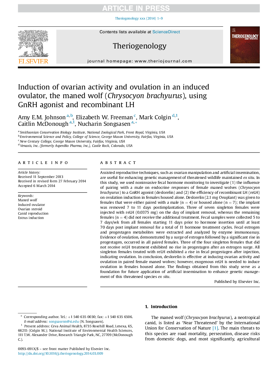 Induction of ovarian activity and ovulation in an induced ovulator, the maned wolf (Chrysocyon brachyurus), using GnRH agonist and recombinant LH