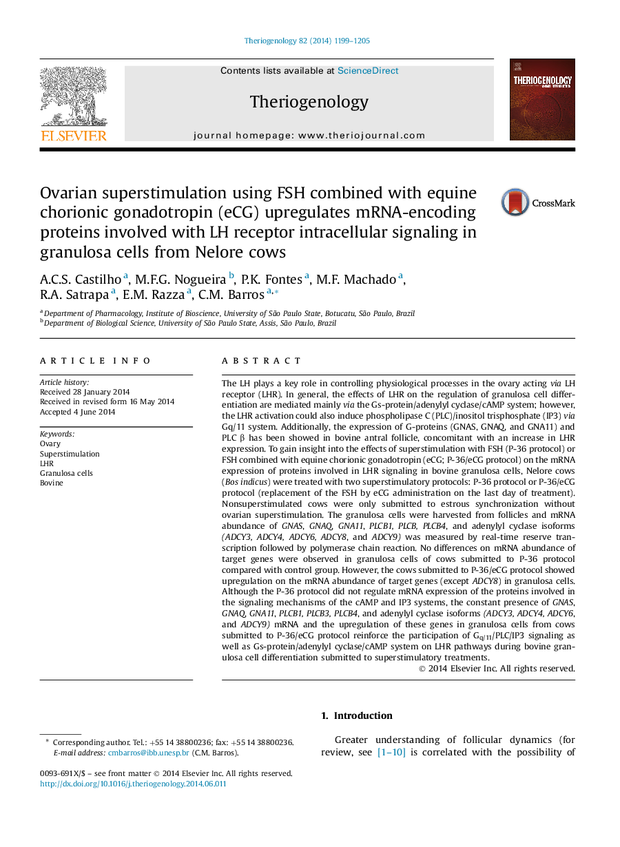 Ovarian superstimulation using FSH combined with equine chorionic gonadotropin (eCG) upregulates mRNA-encoding proteins involved with LH receptor intracellular signaling in granulosa cells from Nelore cows