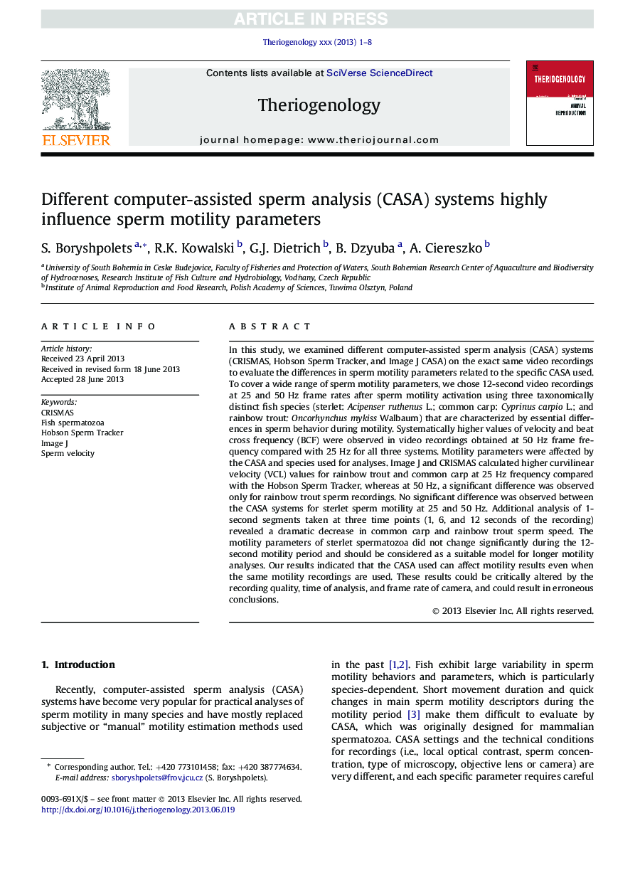 Different computer-assisted sperm analysis (CASA) systems highly influence sperm motility parameters