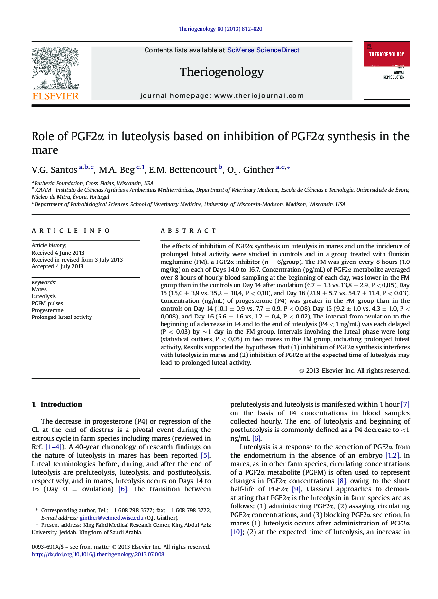 Role of PGF2Î± in luteolysis based on inhibition of PGF2Î± synthesis in the mare