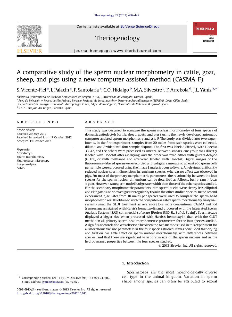 A comparative study of the sperm nuclear morphometry in cattle, goat, sheep, and pigs using a new computer-assisted method (CASMA-F)