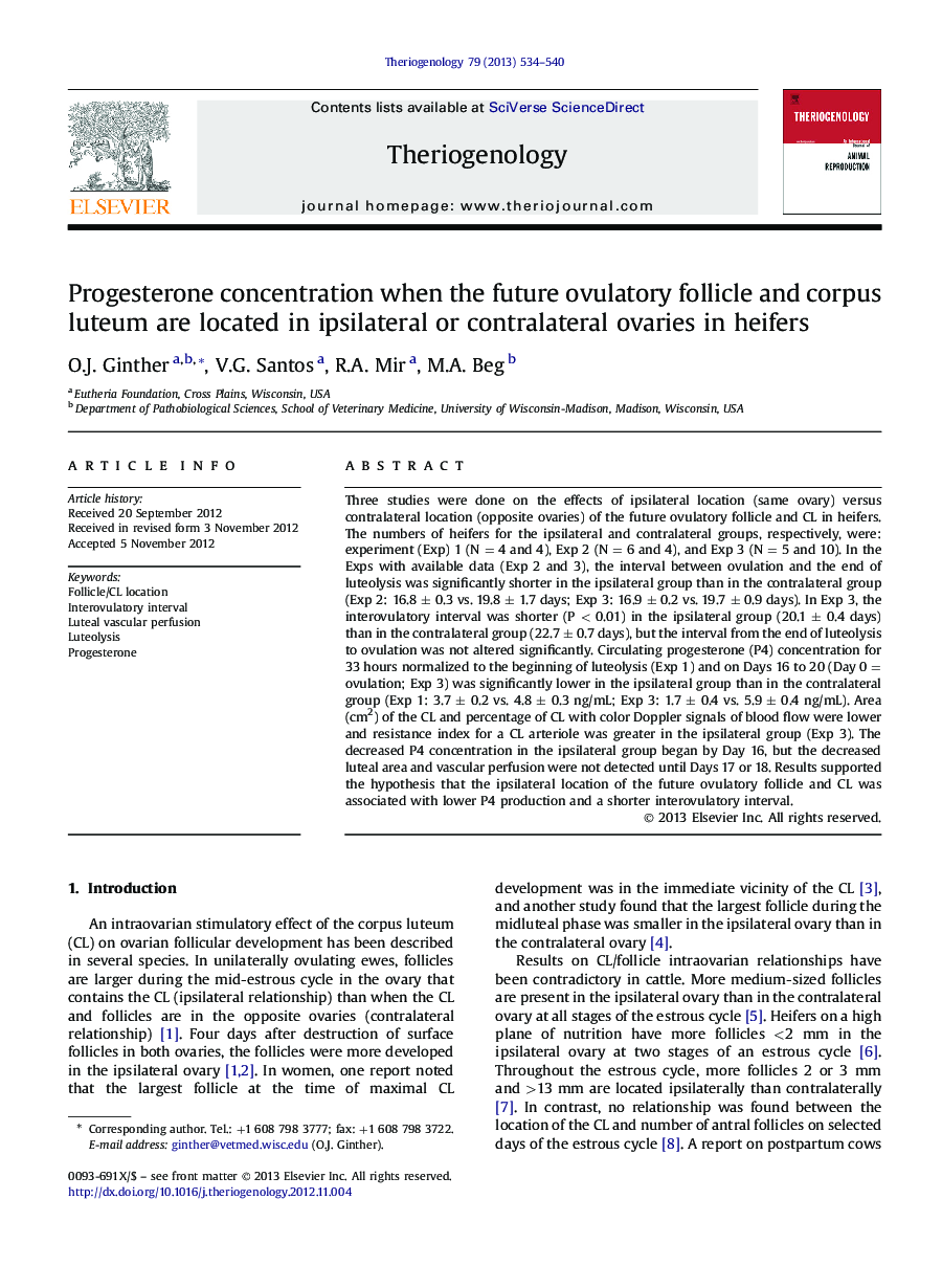 Progesterone concentration when the future ovulatory follicle and corpus luteum are located in ipsilateral or contralateral ovaries in heifers