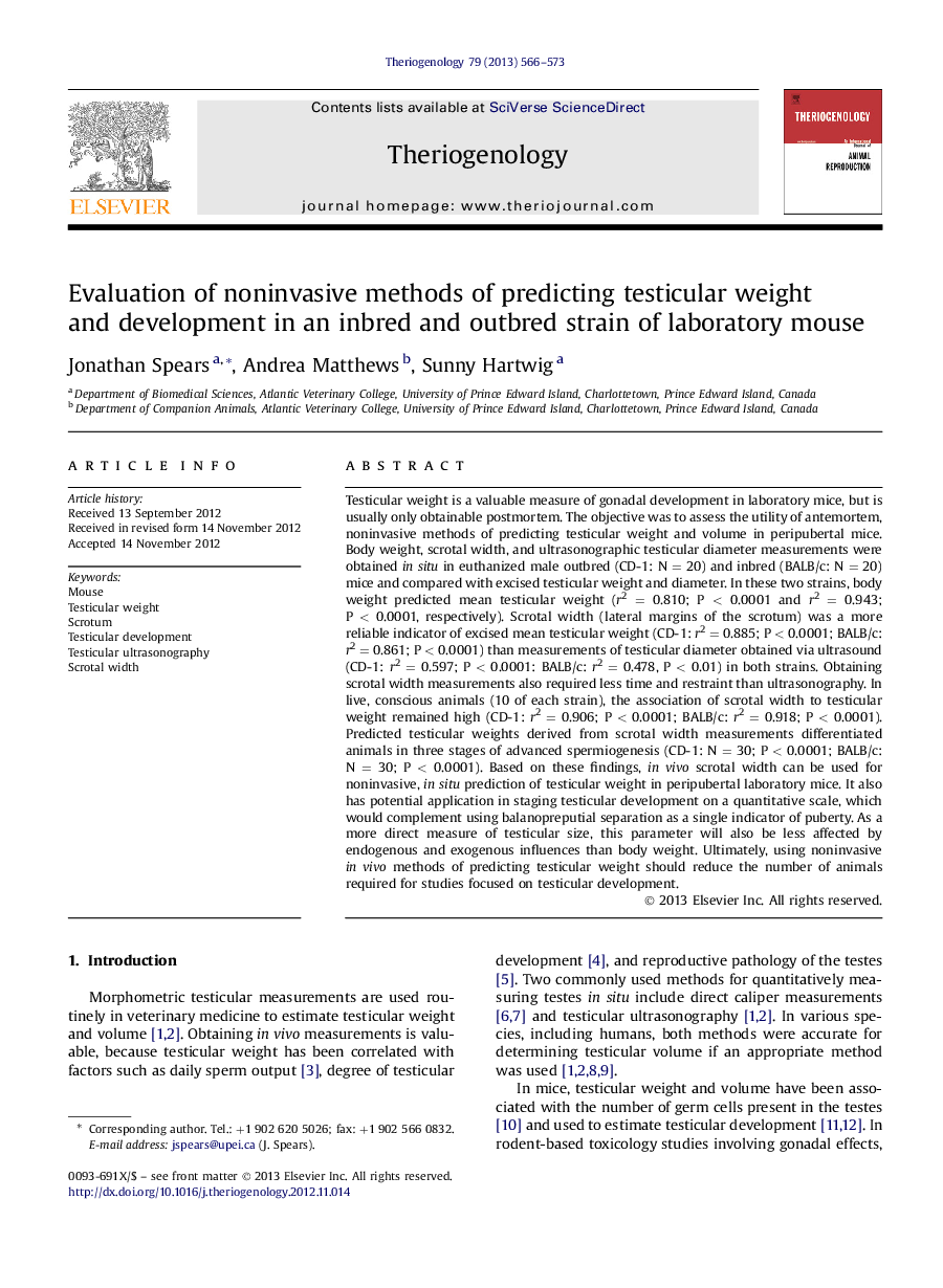 Evaluation of noninvasive methods of predicting testicular weight andÂ development in an inbred and outbred strain of laboratory mouse