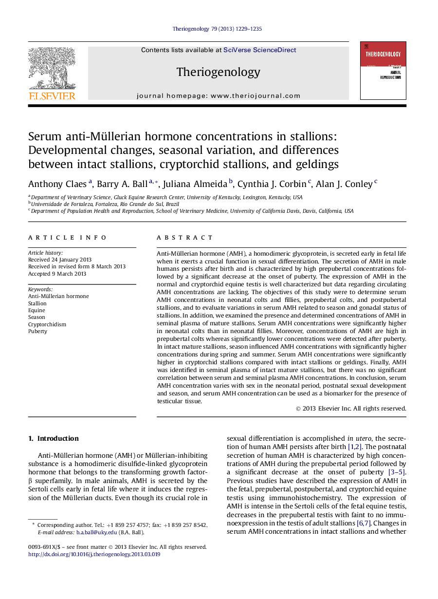 Serum anti-Müllerian hormone concentrations in stallions: Developmental changes, seasonal variation, and differences betweenÂ intact stallions, cryptorchid stallions, and geldings