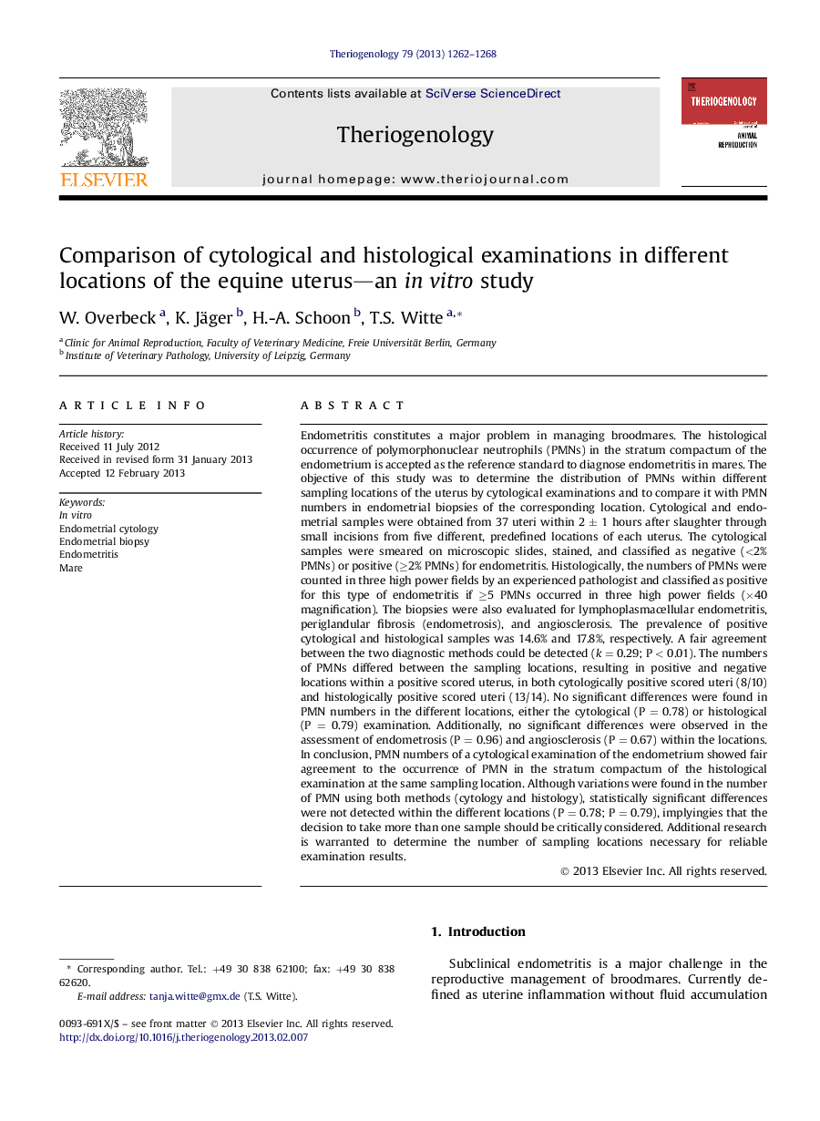 Comparison of cytological and histological examinations in different locations of the equine uterus-an inÂ vitro study