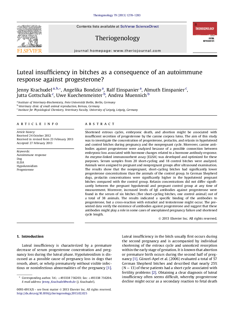 Luteal insufficiency in bitches as a consequence of an autoimmune response against progesterone?