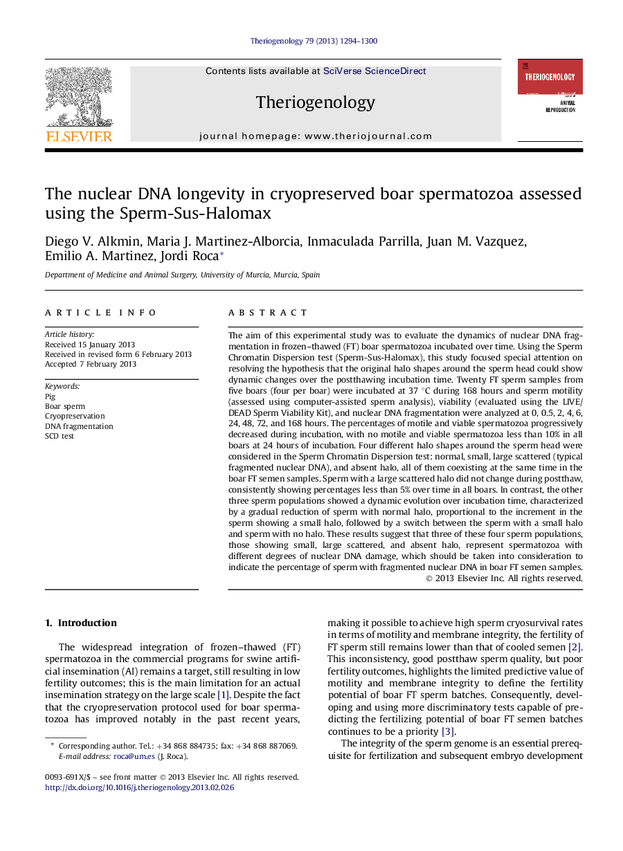 The nuclear DNA longevity in cryopreserved boar spermatozoa assessed using the Sperm-Sus-Halomax