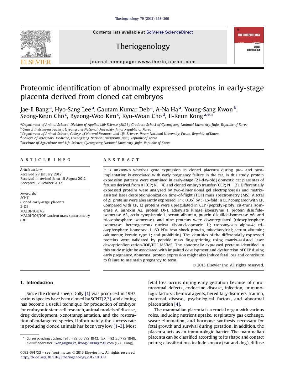 Proteomic identification of abnormally expressed proteins in early-stage placenta derived from cloned cat embryos