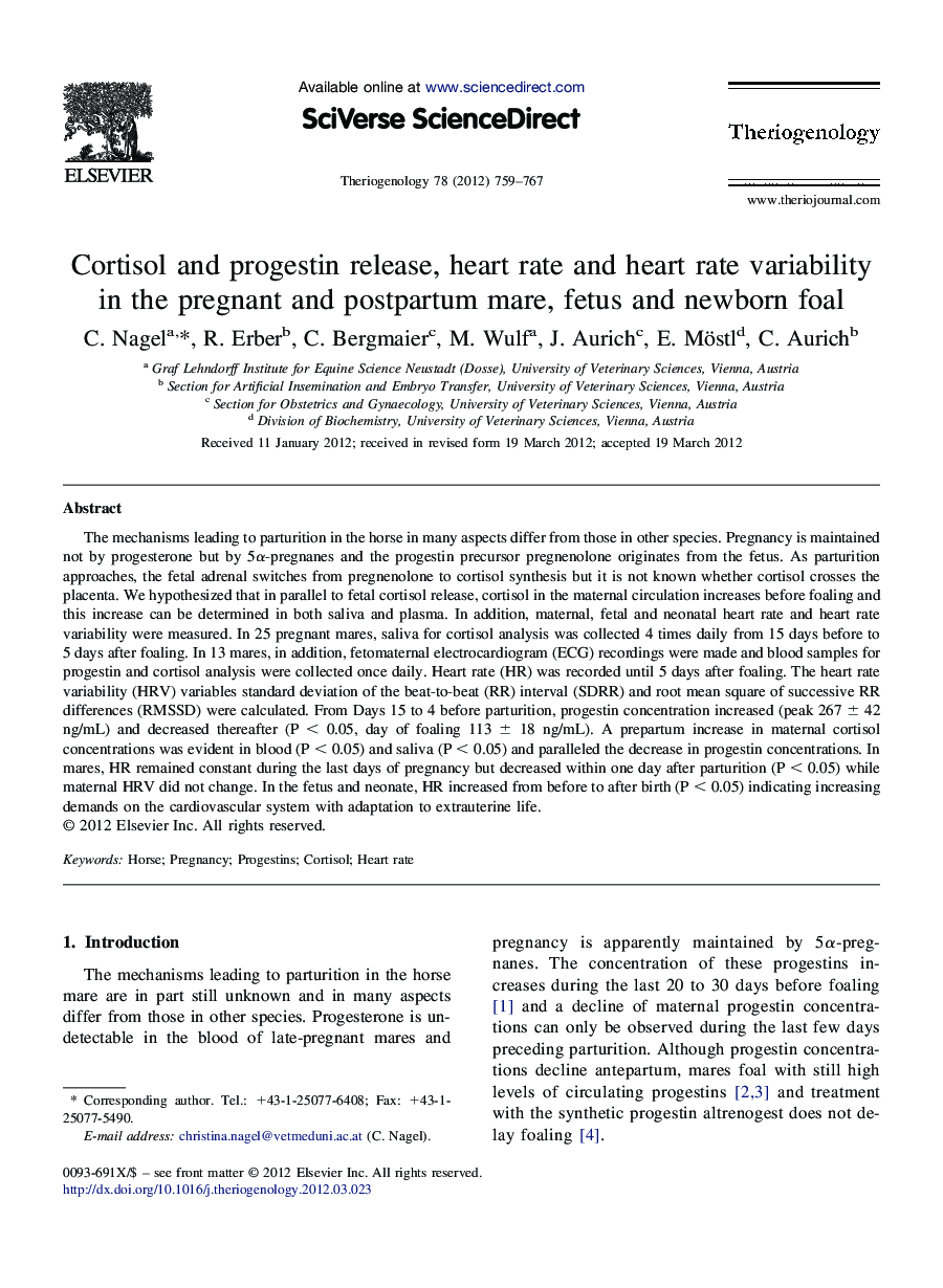 Cortisol and progestin release, heart rate and heart rate variability in the pregnant and postpartum mare, fetus and newborn foal