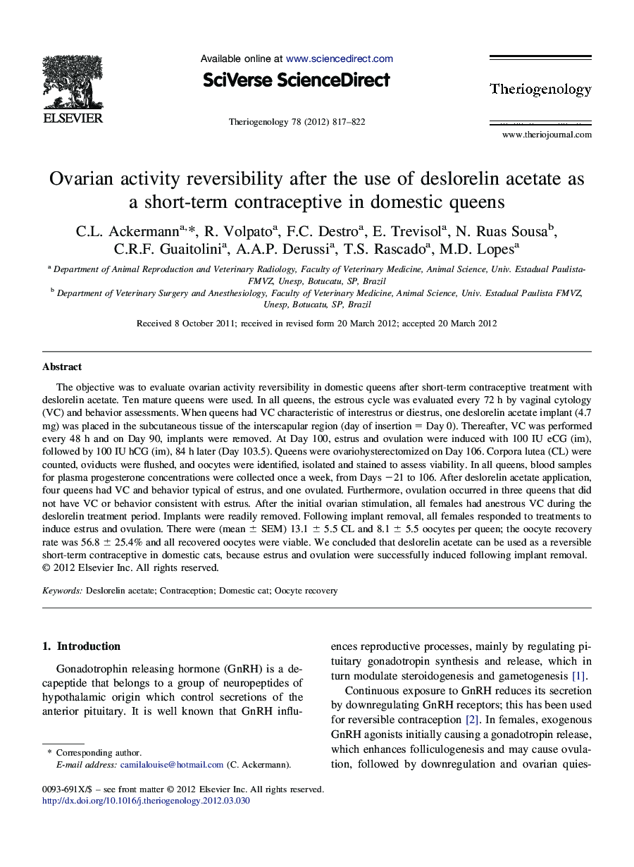 Ovarian activity reversibility after the use of deslorelin acetate as a short-term contraceptive in domestic queens
