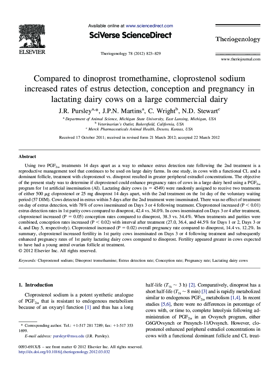Compared to dinoprost tromethamine, cloprostenol sodium increased rates of estrus detection, conception and pregnancy in lactating dairy cows on a large commercial dairy