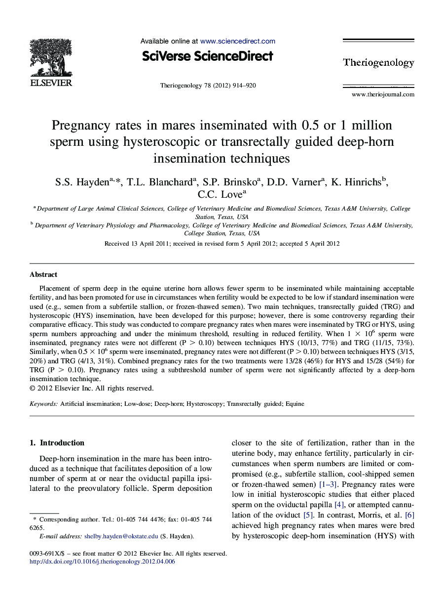 Pregnancy rates in mares inseminated with 0.5 or 1 million sperm using hysteroscopic or transrectally guided deep-horn insemination techniques