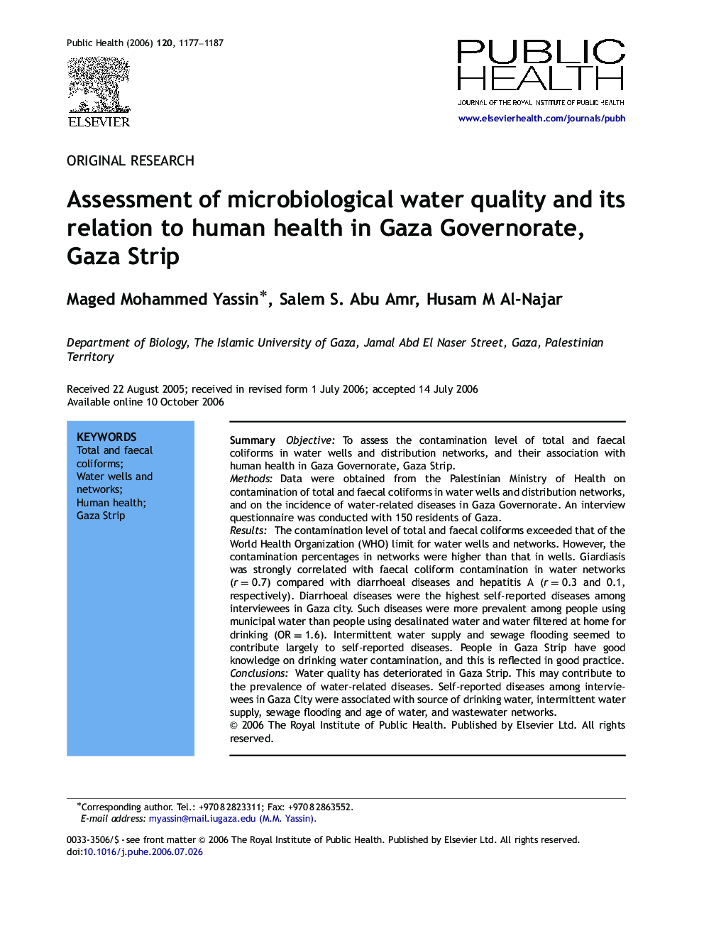 عکس صفحه اول مقاله: Assessment of microbiological water quality and its relation to human health in Gaza Governorate, Gaza Strip Assessment of microbiological water quality and its relation to human health in Gaza Governorate, Gaza Strip