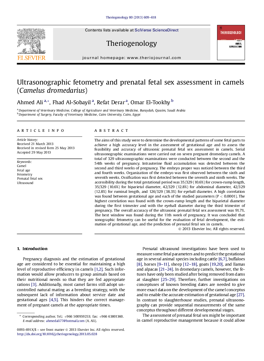 Ultrasonographic fetometry and prenatal fetal sex assessment in camels (Camelus dromedarius)