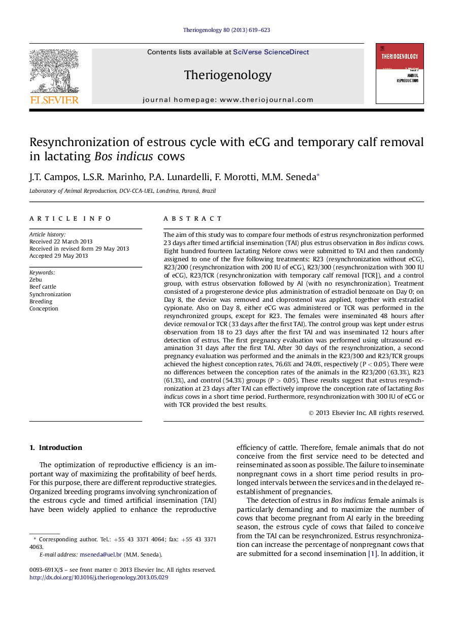 Resynchronization of estrous cycle with eCG and temporary calf removal in lactating Bos indicus cows