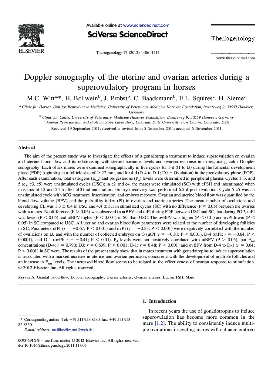 Doppler sonography of the uterine and ovarian arteries during a superovulatory program in horses