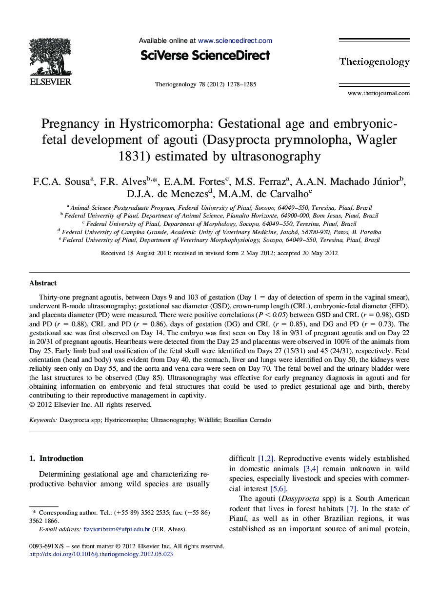 Pregnancy in Hystricomorpha: Gestational age and embryonic-fetal development of agouti (Dasyprocta prymnolopha, Wagler 1831) estimated by ultrasonography
