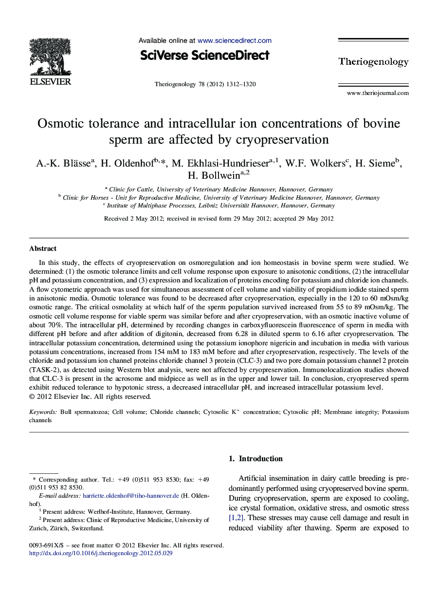 Osmotic tolerance and intracellular ion concentrations of bovine sperm are affected by cryopreservation