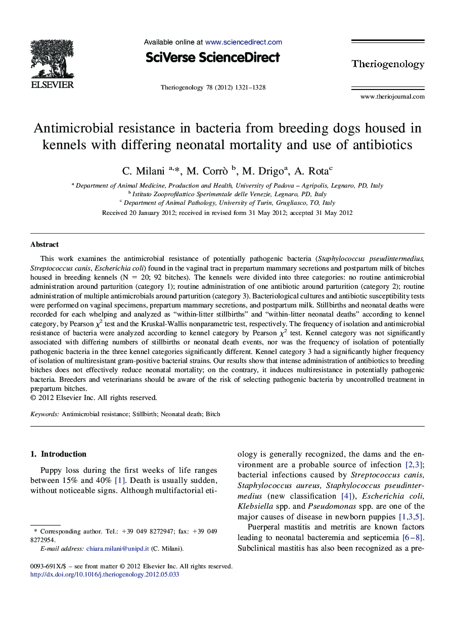 Antimicrobial resistance in bacteria from breeding dogs housed in kennels with differing neonatal mortality and use of antibiotics