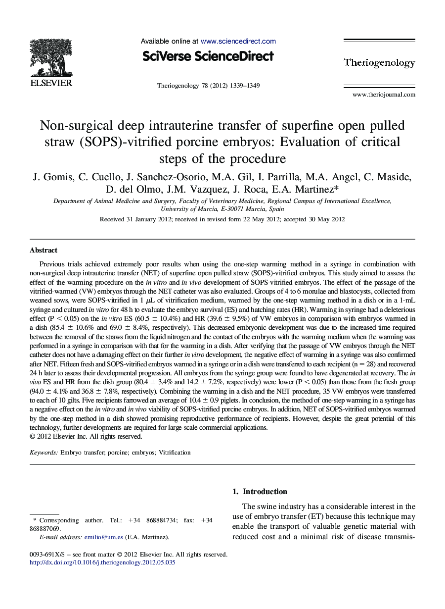 Non-surgical deep intrauterine transfer of superfine open pulled straw (SOPS)-vitrified porcine embryos: Evaluation of critical steps of the procedure