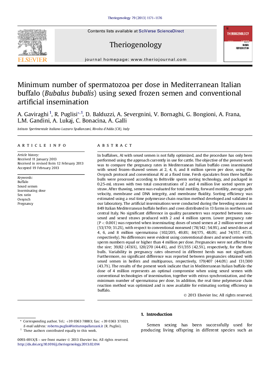 Minimum number of spermatozoa per dose in Mediterranean Italian buffalo (Bubalus bubalis) using sexed frozen semen and conventional artificial insemination