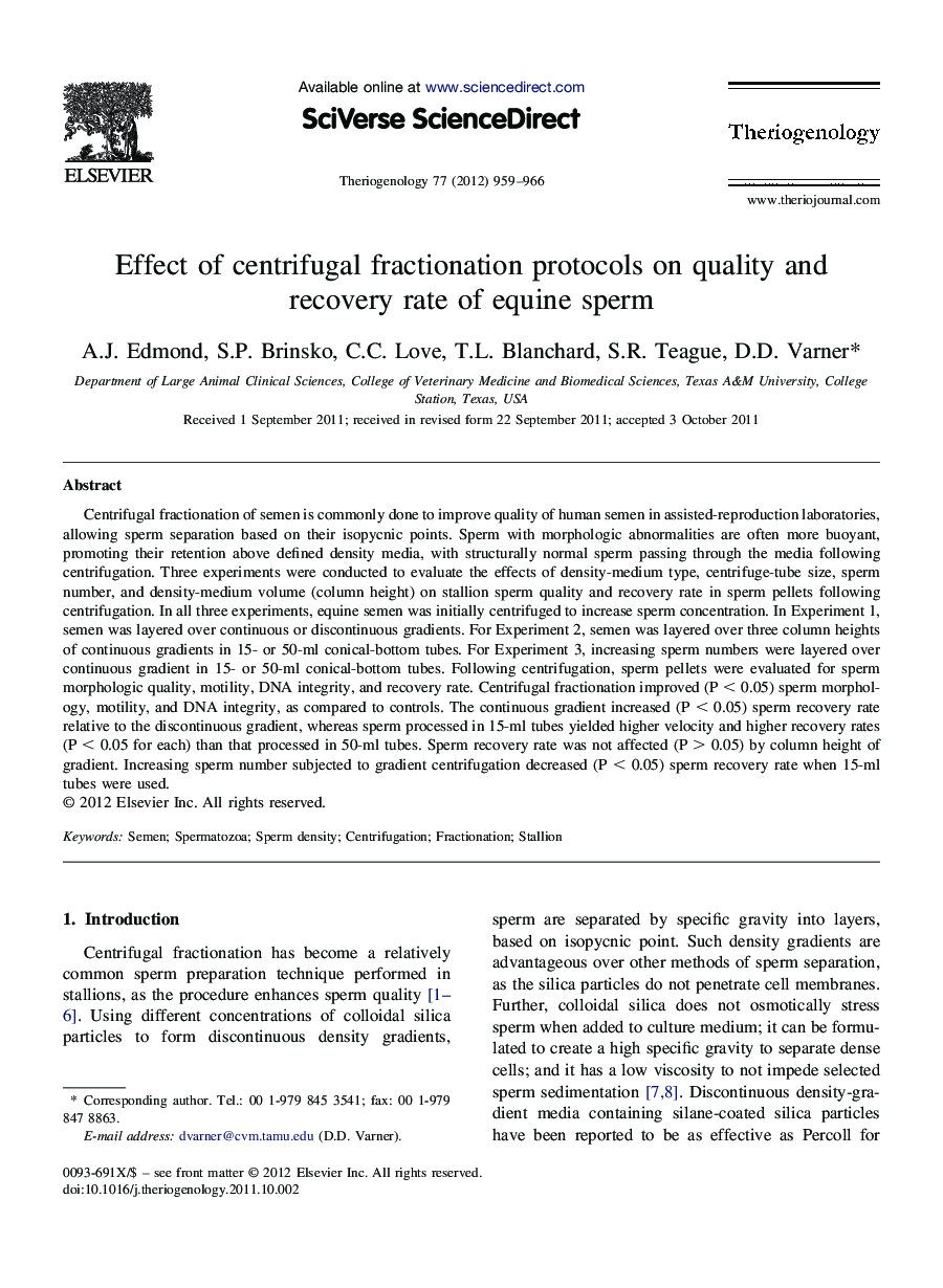 Effect of centrifugal fractionation protocols on quality and recovery rate of equine sperm