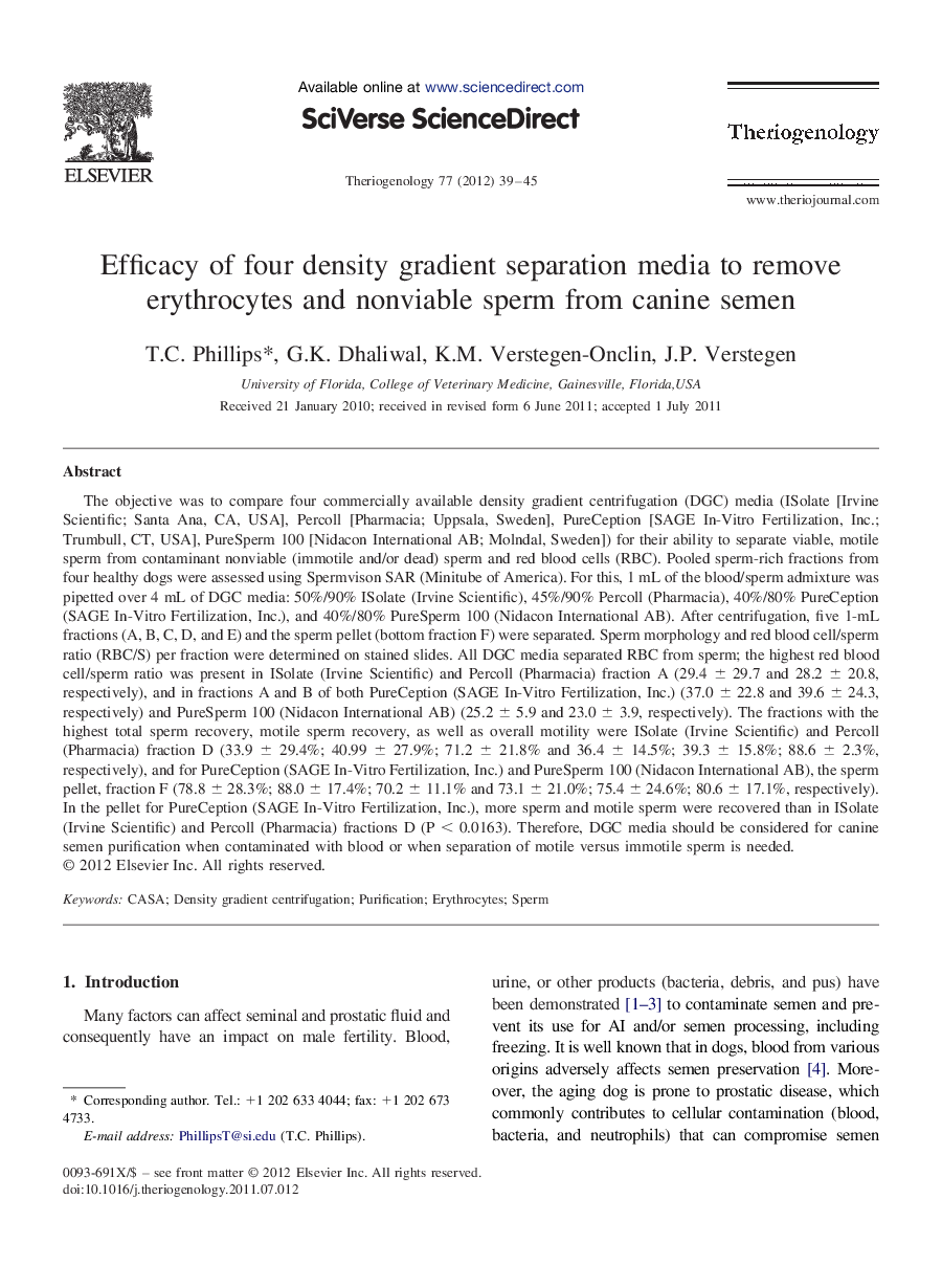 Efficacy of four density gradient separation media to remove erythrocytes and nonviable sperm from canine semen