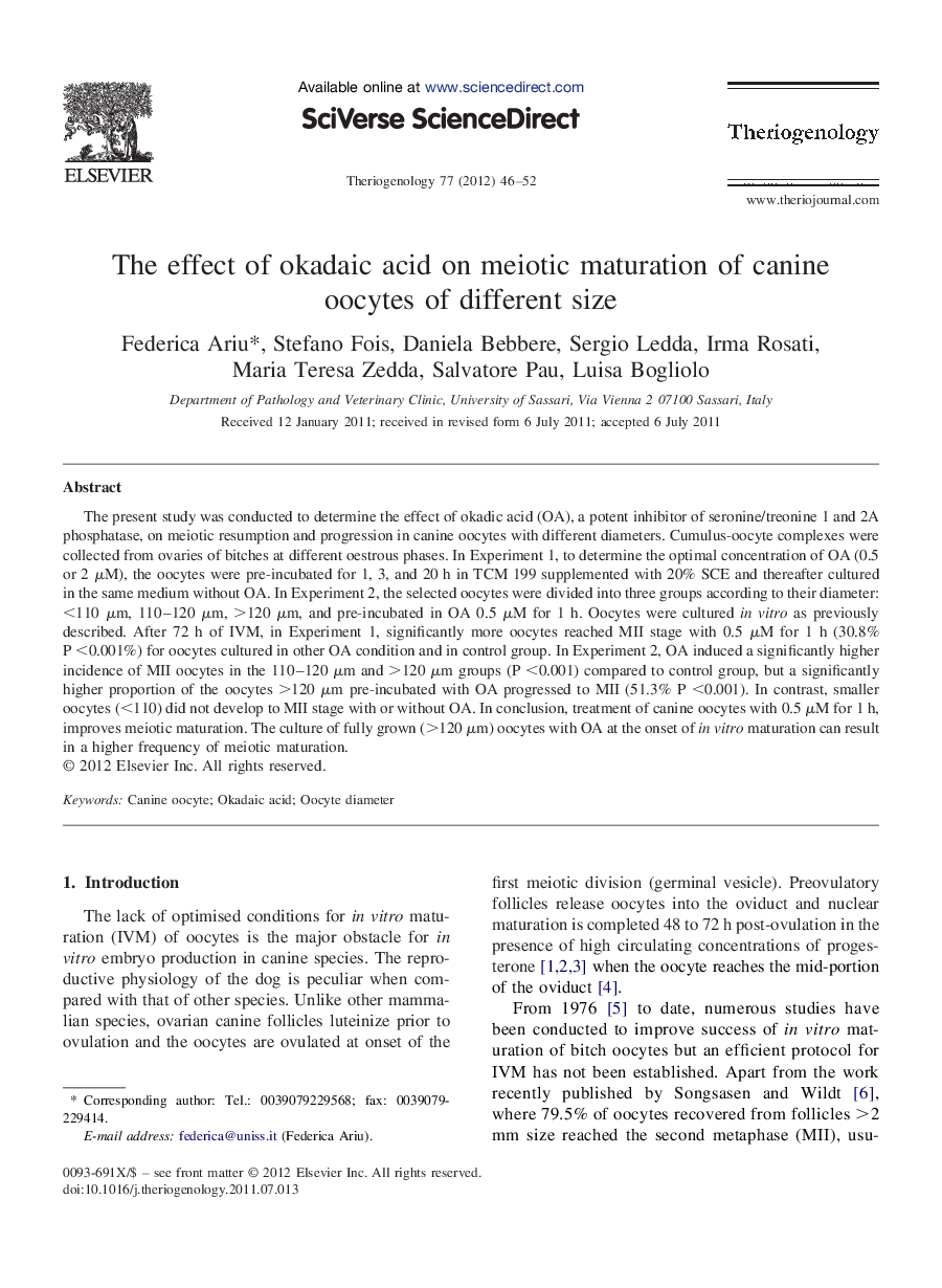 The effect of okadaic acid on meiotic maturation of canine oocytes of different size