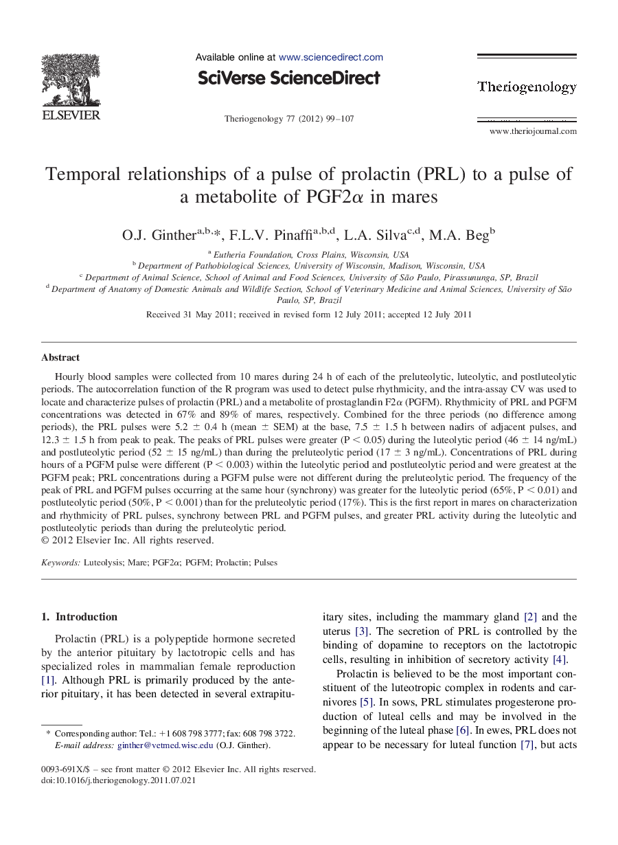 Temporal relationships of a pulse of prolactin (PRL) to a pulse of a metabolite of PGF2Î± in mares