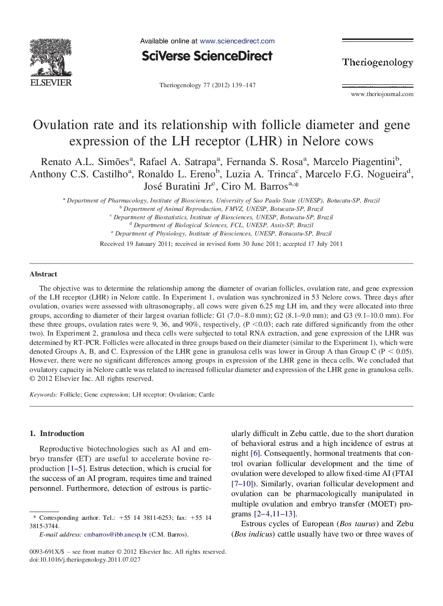 Ovulation rate and its relationship with follicle diameter and gene expression of the LH receptor (LHR) in Nelore cows