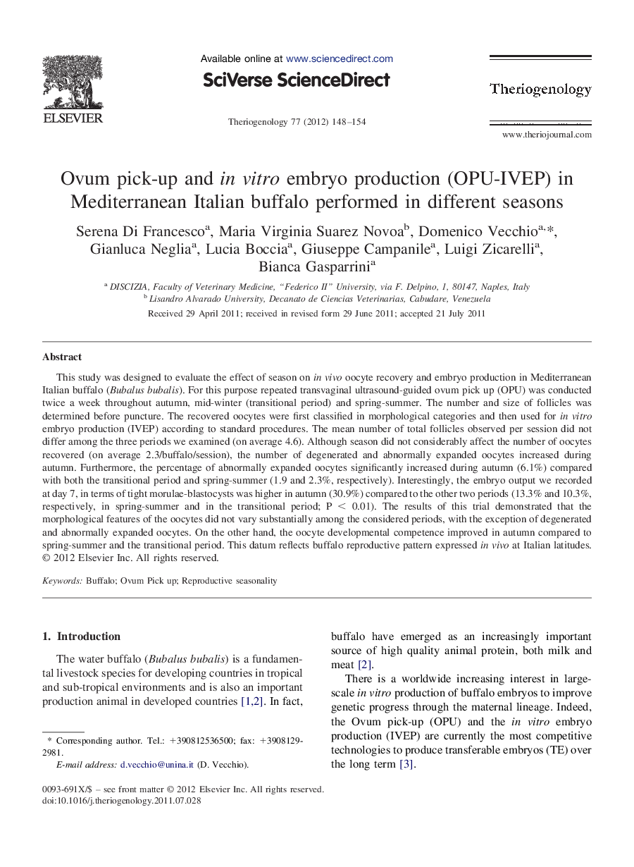 Ovum pick-up and in vitro embryo production (OPU-IVEP) in Mediterranean Italian buffalo performed in different seasons