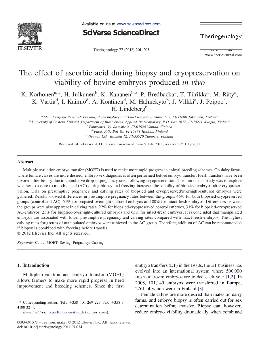 The effect of ascorbic acid during biopsy and cryopreservation on viability of bovine embryos produced in vivo