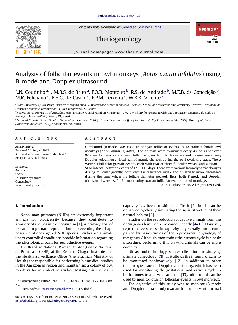 Analysis of follicular events in owl monkeys (Aotus azarai infulatus) using B-mode and Doppler ultrasound