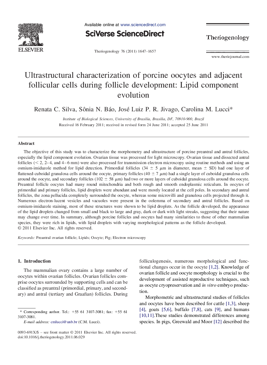 Ultrastructural characterization of porcine oocytes and adjacent follicular cells during follicle development: Lipid component evolution