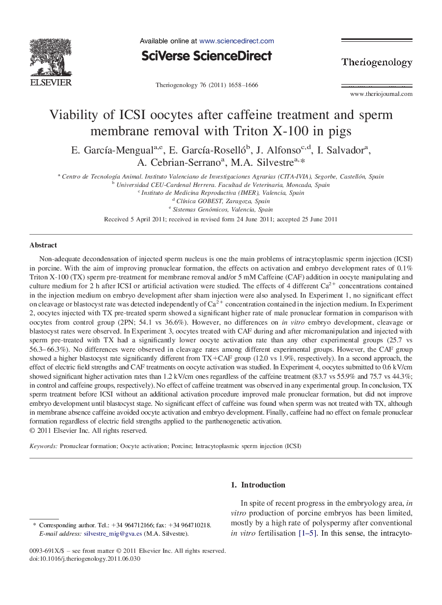 Viability of ICSI oocytes after caffeine treatment and sperm membrane removal with Triton X-100 in pigs