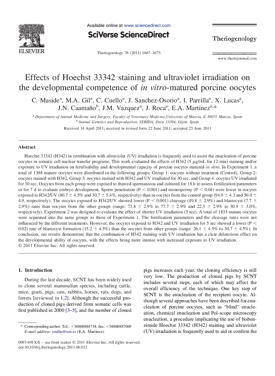 Effects of Hoechst 33342 staining and ultraviolet irradiation on the developmental competence of in vitro-matured porcine oocytes
