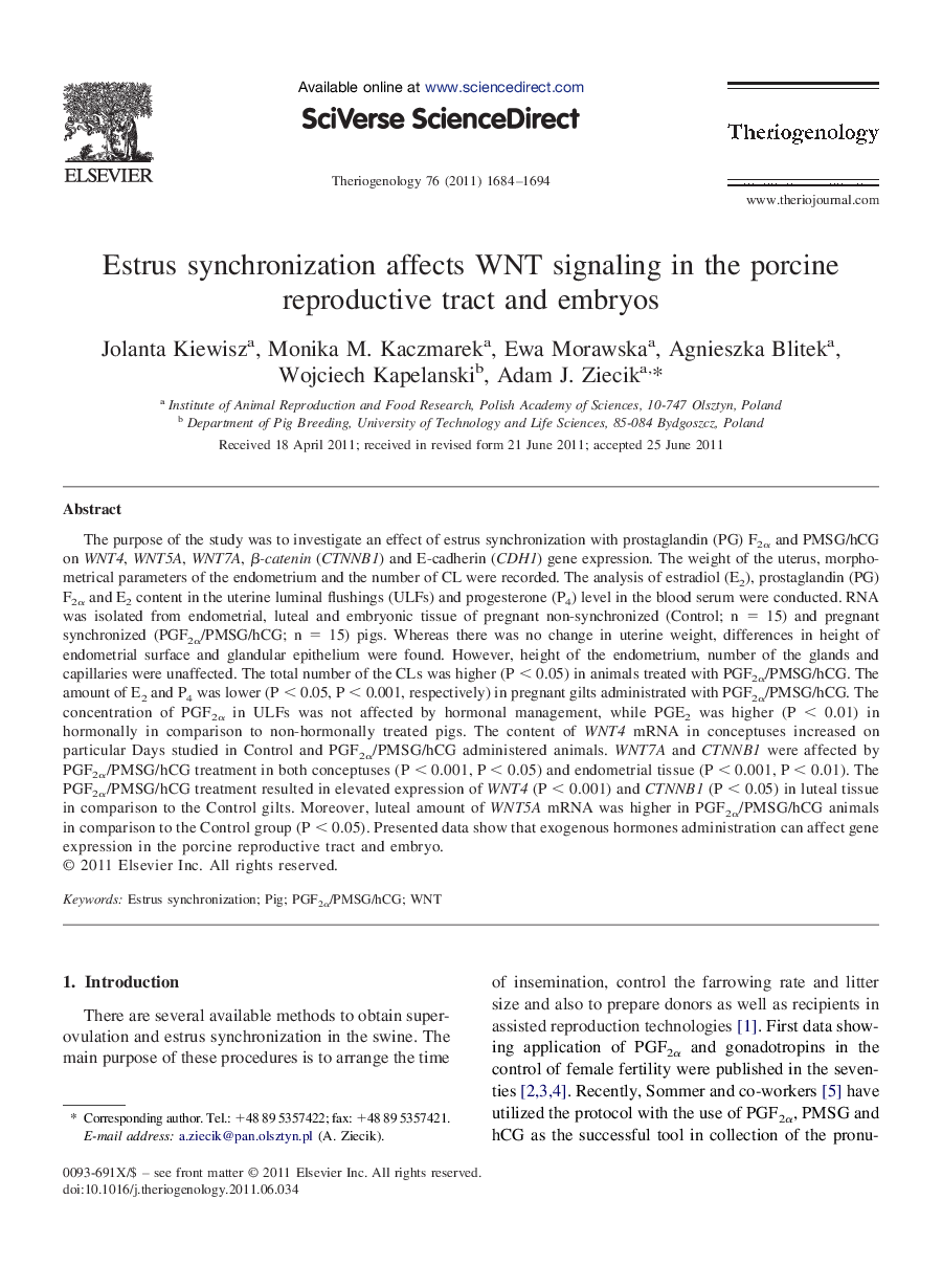 Estrus synchronization affects WNT signaling in the porcine reproductive tract and embryos