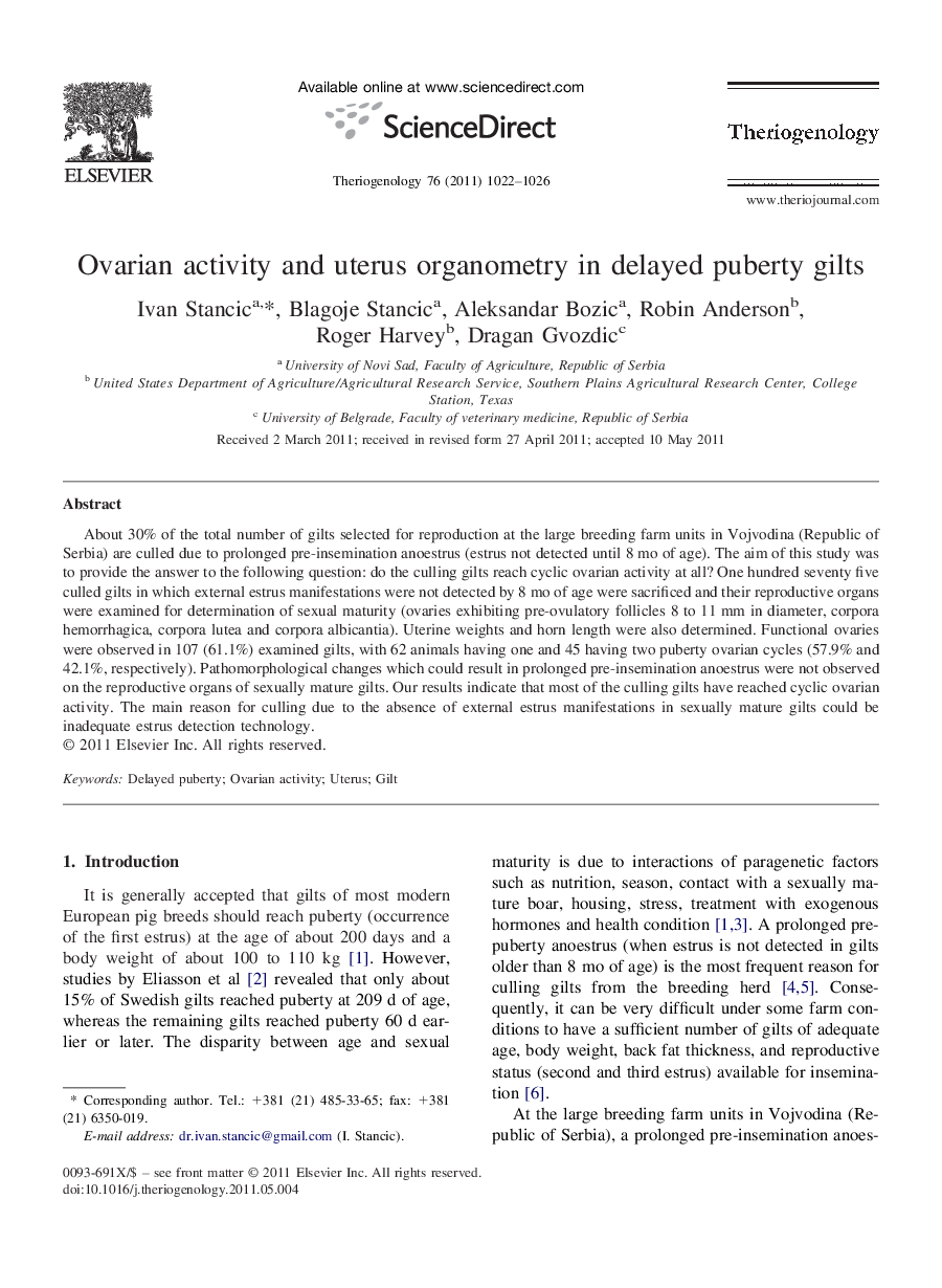 Ovarian activity and uterus organometry in delayed puberty gilts